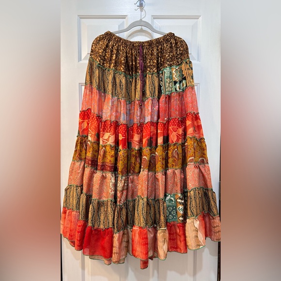 Warm Gypsy Full Maxi Skirt M Colorful Patchwork Silk Peasant Boho Hippie Cottage - Picture 1 of 7